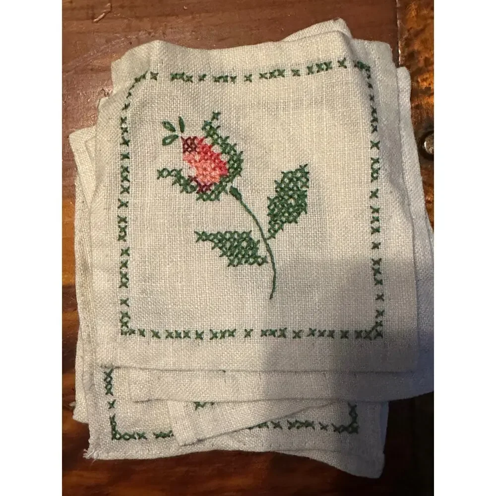 Vintage Rose‎  linen set, placemats,  napkins, coasters, embroidered linen